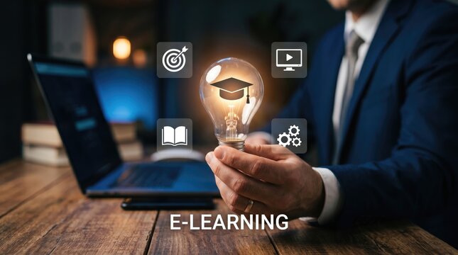 Professional holding illuminated graduation cap for e learning concept