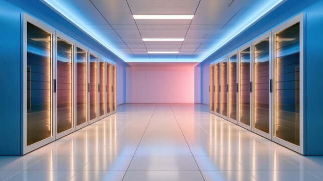 Data center corridor bathed in dramatic blue and violet lighting with server racks