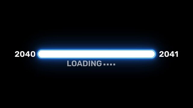 2040 to 2041 loading progress interface with glowing blue neon status bar, digital transition concept and futuristic dark background 4k visuals