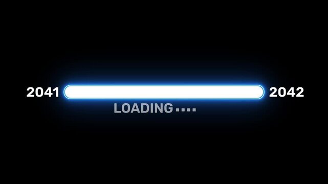 2041 to 2042 loading progress bar with glowing blue neon interface, digital status display, futuristic technology concept and dark background 4k visuals
