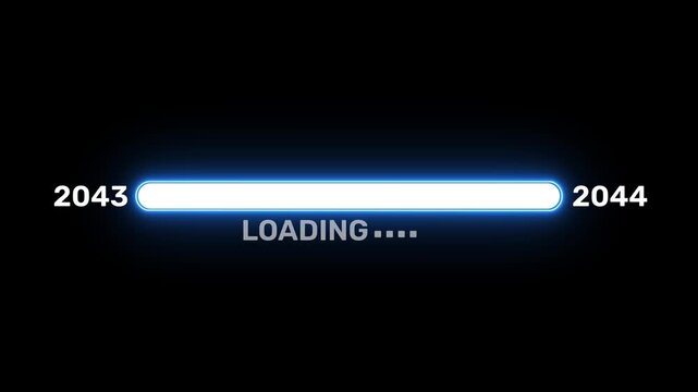 2043 to 2044 loading progress bar with glowing blue neon interface, digital status indicator and futuristic transition on a dark background 4k visuals