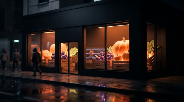 Modern store storefront showcasing glowing giant pumpkins, autumn produce crates and illuminated glass windows, concept for seasonal retail marketing and autumn festival decoration