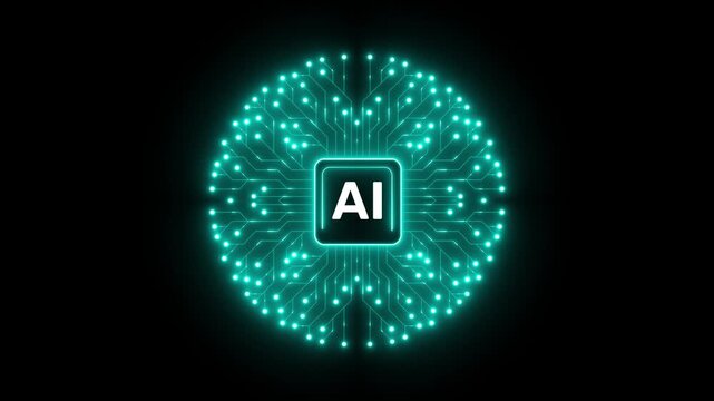 Modern handmade neon animation, sign, logo circuit line style in the Artificial intelligence concept. Set AI processor icon flat design. Motherboard digital chip AI animation video.