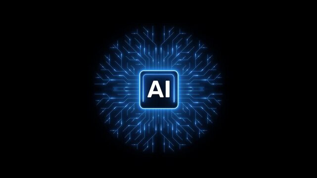 AI processor concept with blue circuit core, connected nodes and electronic pathways forming a futuristic technology pattern on black background