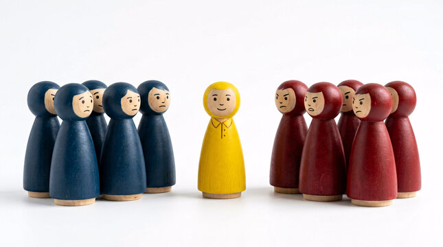 A group of blue and red wooden figures stand facing a single yellow figure, symbolizing separation or individuality within a collective.