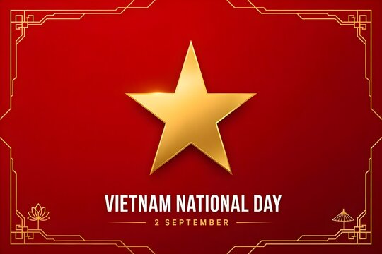 Vietnam National Day background, rich red gradient backdrop, oversized golden star, delicate gold geometric patterns, subtle Vietnamese cultural motifs, VVietnam National Day 2 SEPTEMBER