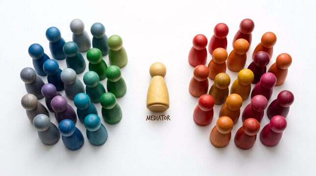 A single wooden figure stands isolated between two groups of colorful figures, representing diversity and inclusion or exclusion.