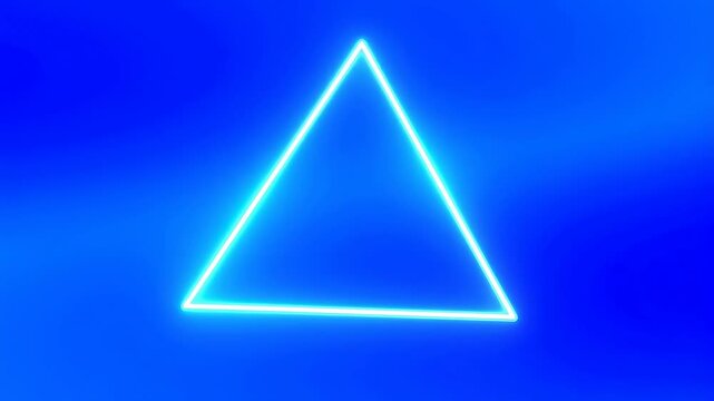Glowing neon triangle pulses rhythmically on a smooth blue gradient background with bright cyan and white highlights. Animated technology scene combines neon triangle with glowing light.