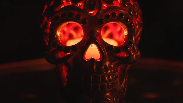 Decorative skull with glowing candles in darkness