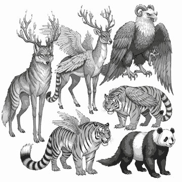 Detailed black and white illustration of mythical creatures including winged tigers, deer with tree antlers, a griffin, and a panda