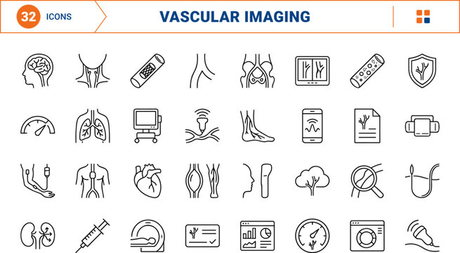 Vascular imaging study line icon set. Vector pictograms of ultrasound, doppler, angiography, and vein elements, thin linear illustration.