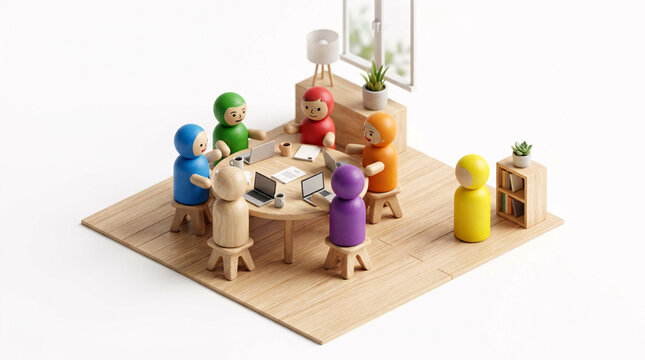 A group of colorful, stylized wooden figures are gathered around a round table in a miniature office setting, engaged in what appears to be a collaborative meeting or discussion.