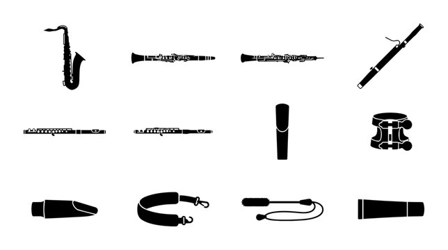 Vector Set of Musical Instruments and Accessories, Black Silhouettes on White Background, Woodwind and Brass Elements for Music Education and Design