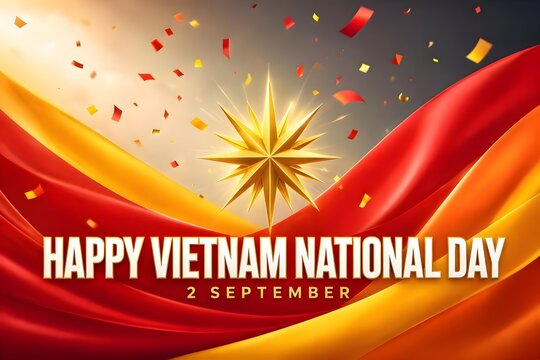 Dynamic Vietnam National Day background with sweeping red, yellow and orange patriotic ribbons, radiant golden starburst, dramatic lighting, floating confetti, happy Vietnam National Day