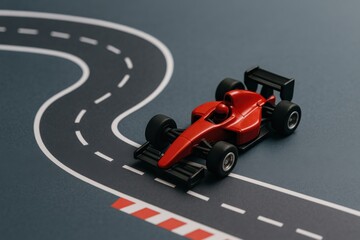 Fototapeta premium A red toy Formula 1 race car on a miniature winding racetrack with marked lanes and curbs.