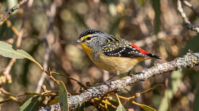 Vibrant spotted pardalote bird perched on frosty eucalyptus branch in natural habitat