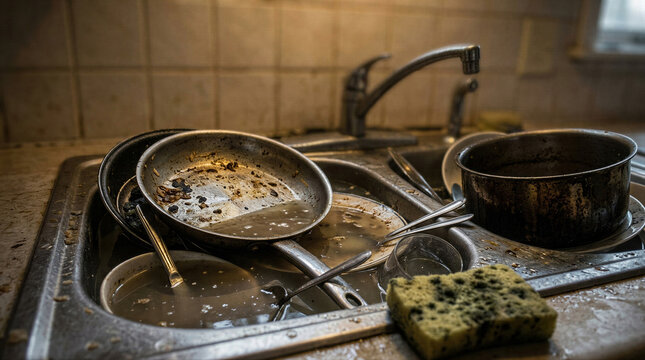 Dirty kitchen sink piled with greasy pans, burnt pot and plates with leftover food in stagnant water. Messy unwashed dish stack with moldy sponge. Hygiene neglect and household dirt concept