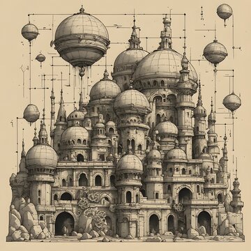 Fantastical architectural illustration with hot air balloons