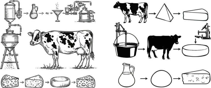 Illustrated guide From Cow to Cheese showcases a detailed process of cheese-making through vector stages, featuring a cow in its natural outdoor setting