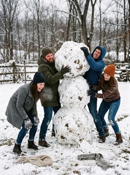Group of friends laugh and strain together while rolling a giant snowball in a snowy park, building an oversized snowman.