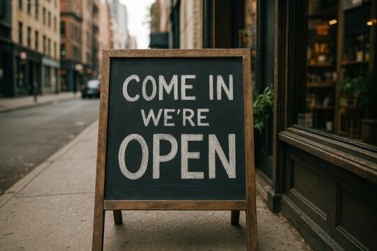 A chalkboard sign on a city sidewalk reads "Come in we're open," inviting customers into a business.