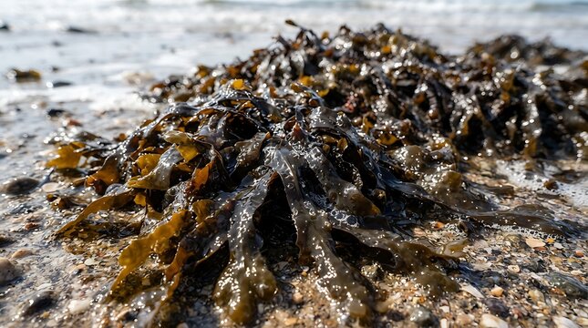 Wet brown seaweed bladderwrack lying on the sandy beach shore on a sunny day close up