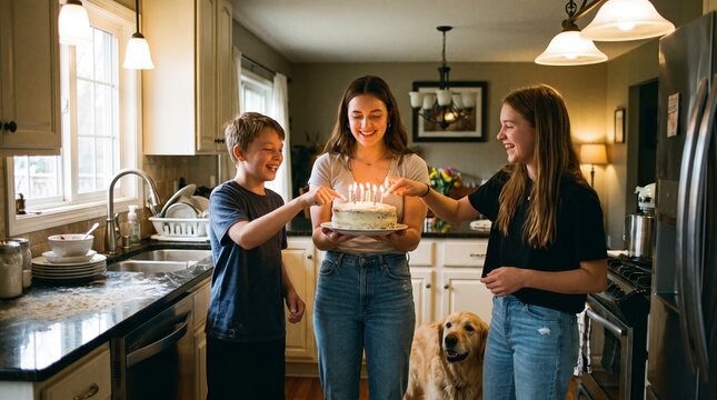 Happy siblings and a dog grabbing birthday cake in kitchen