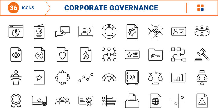 Shareholder meeting line icon set. Vector pictograms of governance, investor, corporate, and board elements, thin linear illustration.
