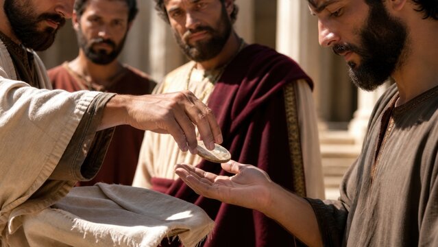Nobleman giving mina coin to servant before journey to receive kingdom. Biblical parable of the ten minas from gospel of luke about stewardship, faithfulness and responsibility