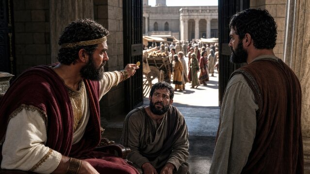 Nobleman king taking coin from fearful servant to give to faithful servant. Biblical parable of the ten minas and stewardship judgment. Teaching about responsibility and faithfulness concept
