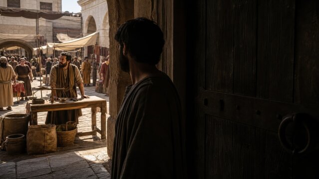Man watching merchant with scales at wooden table in ancient marketplace. Biblical parable of ten minas and faithful servant labor. Stewardship diligence and investment concept for religious teaching