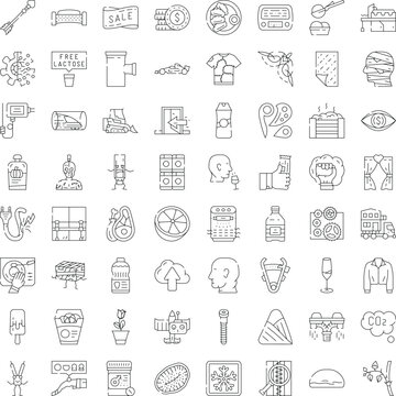 Assortment of linear pictograms illustrating a wide range of everyday items, business ideas, technology, and health concepts for graphic design and web applications