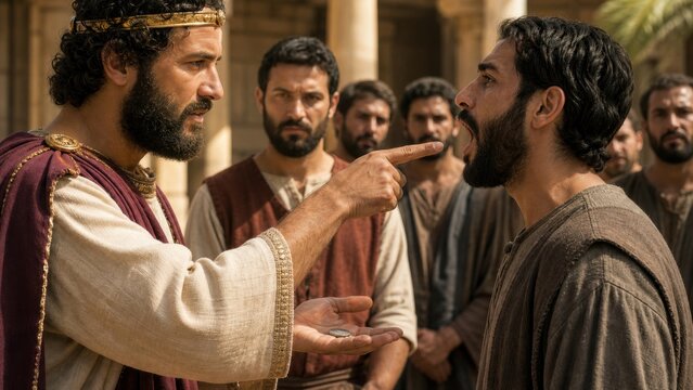 Nobleman king rebuking lazy servant holding single mina coin. Biblical parable of ten minas judgment scene. Christian gospel teaching about faithfulness and stewardship
