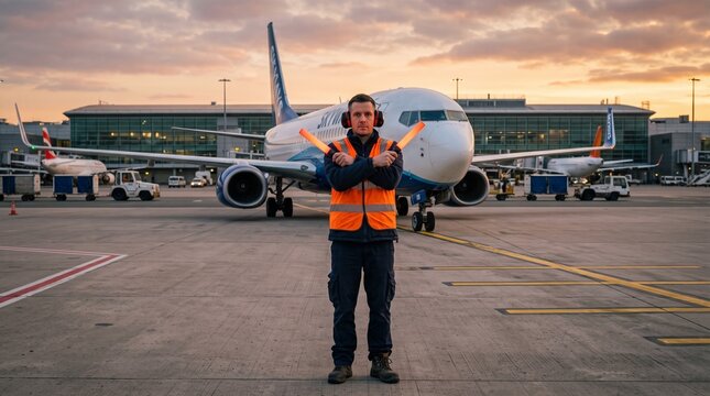 Airport Ground Crew Marshaller Holding Signal Wands in Front of Commercial Airplane at Sunset
