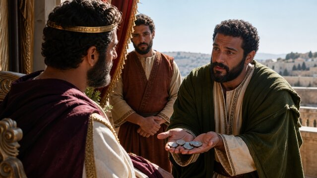 Faithful man servant presenting increased minas to nobleman king after return. Biblical parable of talents and stewardship, diligence and reward concept for christian teaching