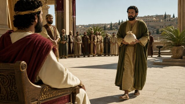 Man servant returning mina to king on throne in palace courtyard. Biblical parable of talent and stewardship from gospel of Luke. Faith accountability and divine judgment concept