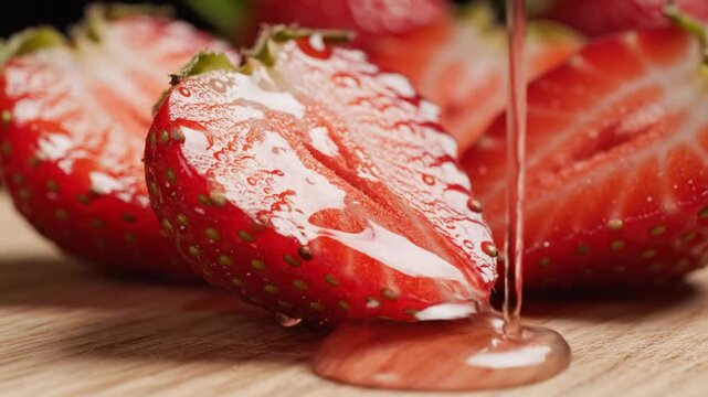 Close up of halved strawberries drizzled with sweet syrup on wooden board