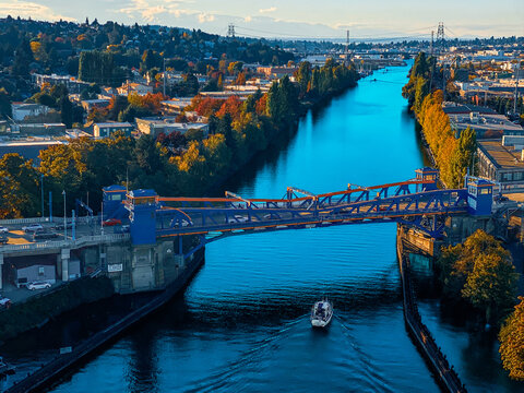 Seattle Ballard Locks Waterway and Railroad Bridge in AutumnSeattle Ballard Locks Waterway and Railroad Bridge in Autumn