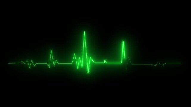 Green neon heartbeat ekg pulse line on black background, medical monitor animation
