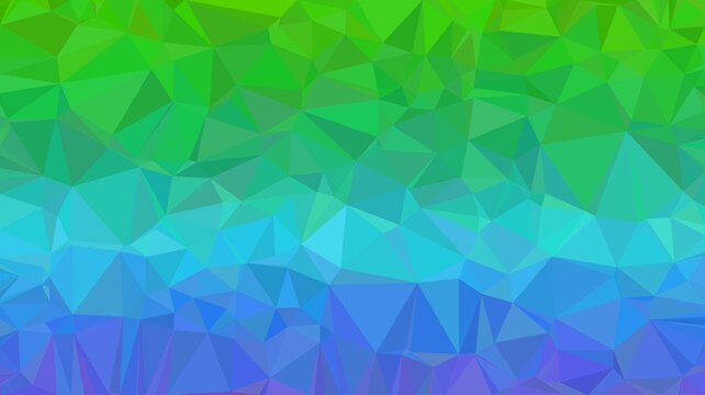 Fresh green and blue low poly geometric background featuring layered horizontal spectrum segments suitable for nature technology and digital media backdrops.