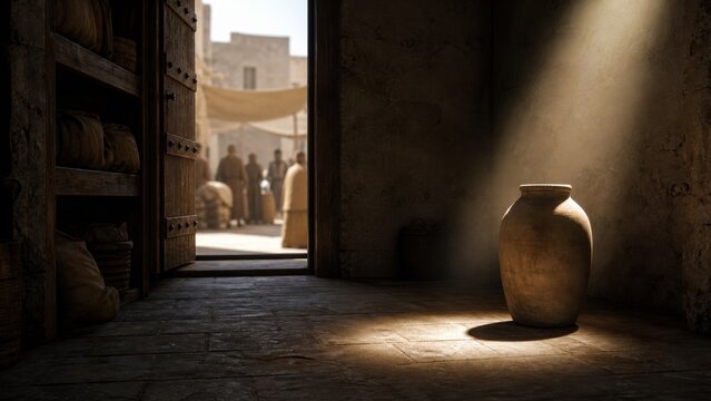 Ancient clay jar illuminated by sunbeam in stone room with open wooden door to Jerusalem street. Biblical parable of ten minas about stewardship and faithful service concept