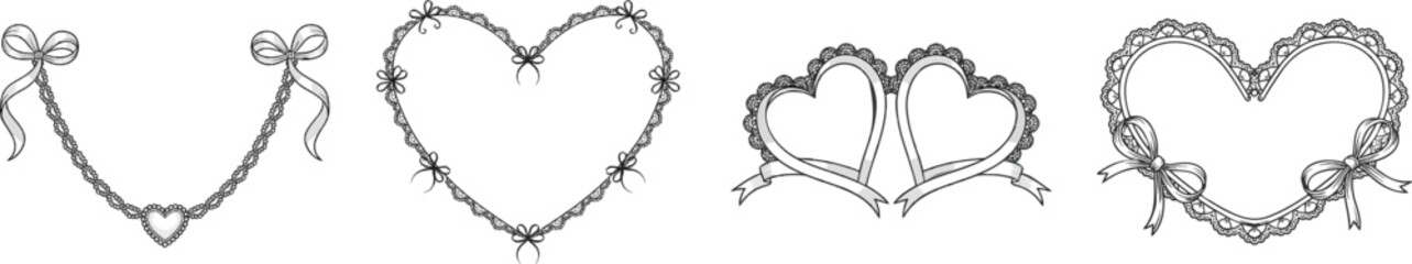 Naklejka premium A delicate black and white necklace adorned with intricate lace heart ribbons hangs gracefully against a pristine white background
