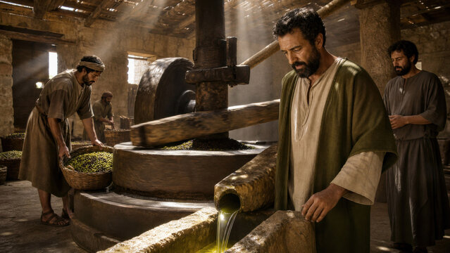 Man overseeing workers operating ancient olive press with fresh oil flowing. Biblical parable of faithful stewardship, diligence and multiplication of talent, responsibility and reward concept for