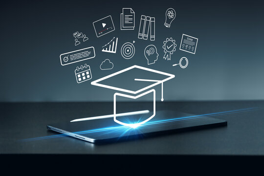 E learning and digital education using modern technology with different learning tools on a tablet screen