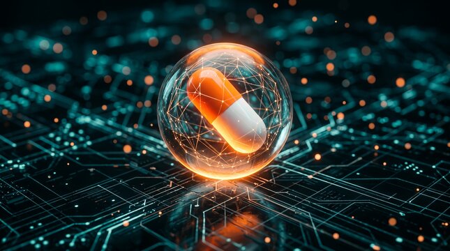 Futuristic medical capsule artwork showcasing digital health technology, pharmaceutical innovation and circuit connectivity, concept for smart medicine and biotech research