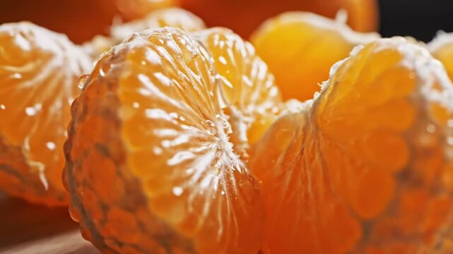 Close up of juicy peeled mandarin orange segments on wooden table