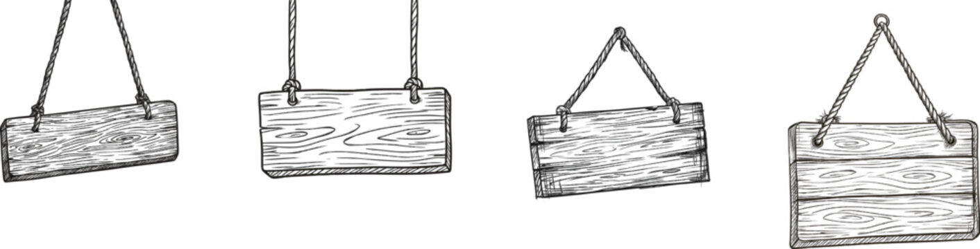 A rustic wooden sign hangs from ropes against a stark white backdrop, evoking a sense of simplicity and timelessness