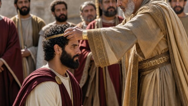 Elder crowning young nobleman with golden diadem as he receives kingdom authority. Biblical parable of minas coronation ceremony near Jerusalem, faith stewardship and royalty concept
