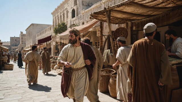 Man servant trading with mina coin in ancient Jerusalem marketplace street. Parable of ten minas diligence and faithful stewardship. Biblical teaching on responsibility and reward concept