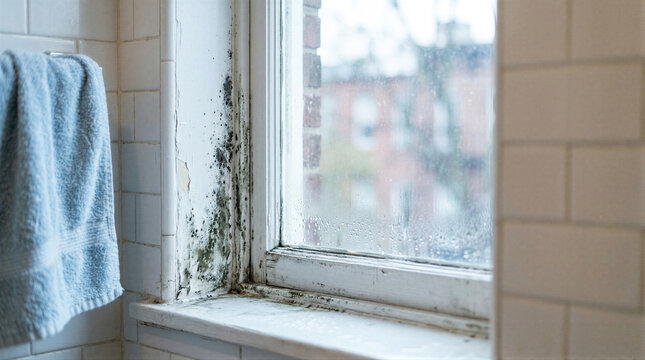Black mold and mildew growth on bathroom window frame with condensation and peeling paint. Damp dirt and fungal defect causing unhealthy home condition and hygiene problem requiring cleaning and